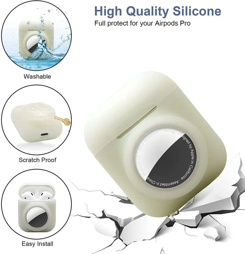 2 In 1 Silicone Protective Skin Cover Compatible with AirPod 1&2 and AirTag, Soft Comprehensive Protective Case (LuminousWhite)