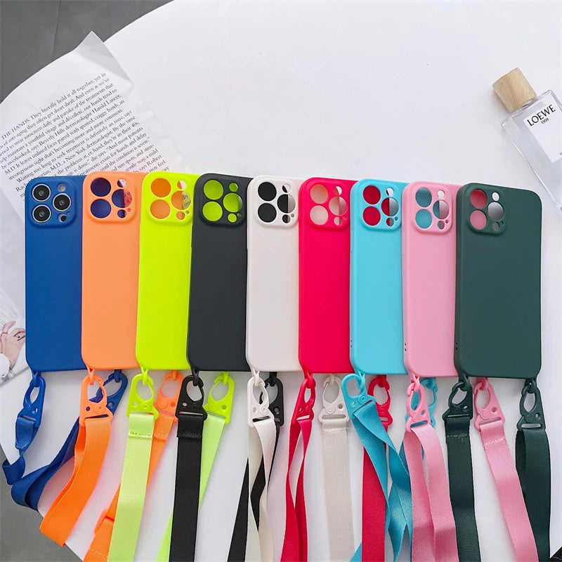 Crossbody Necklace Strap Lanyard Cord Soft Silicon Phone Case For iPhone 15 14 13 Pro Max Plus Back Cover