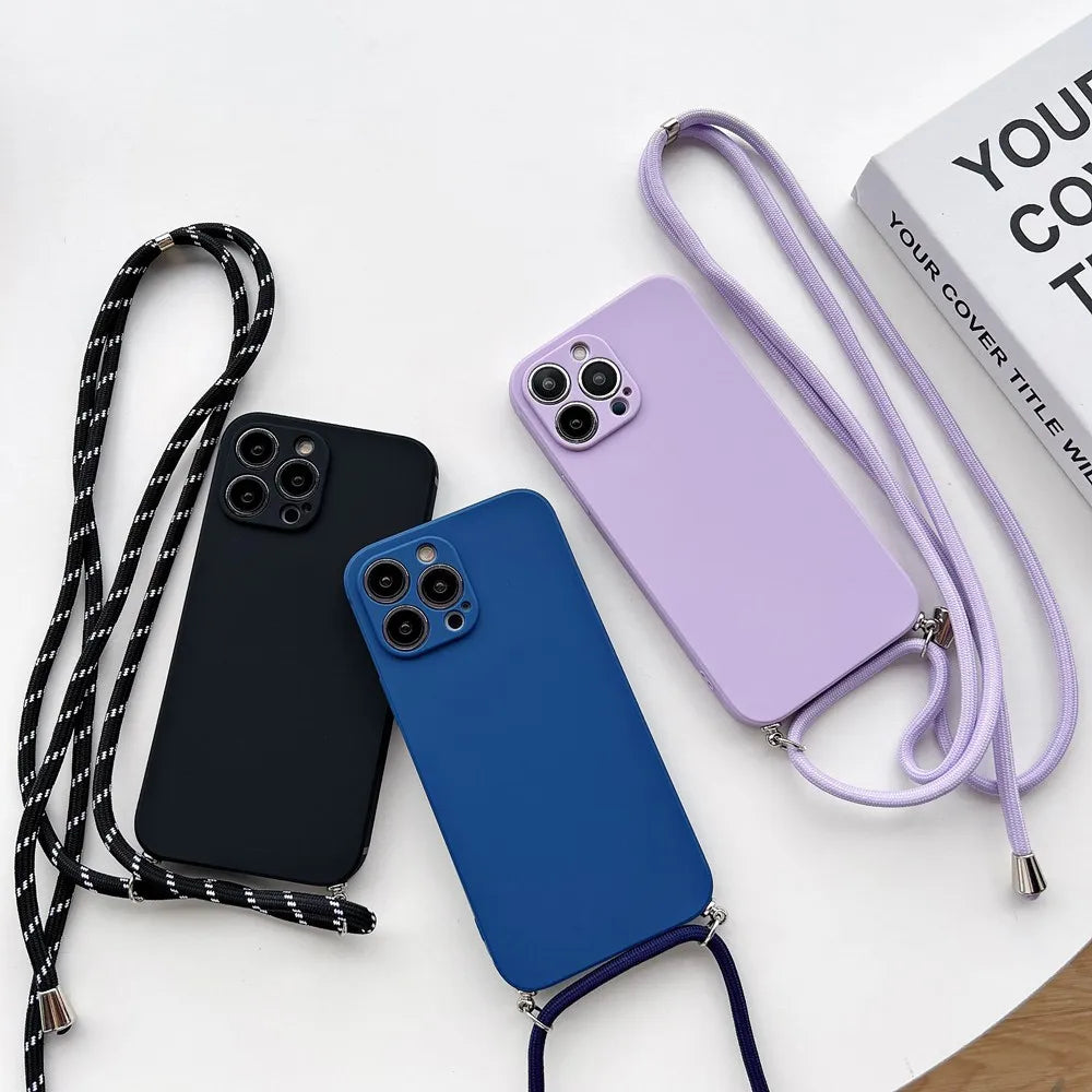 Simple Crossbody Lanyard Silicone Case For iPhone 15 13 14 Pro Max Plus Cord Rope Necklace Strap Soft Cover