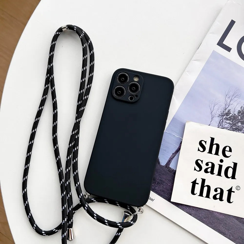 Simple Crossbody Lanyard Silicone Case For iPhone 15 13 14 Pro Max Plus Cord Rope Necklace Strap Soft Cover