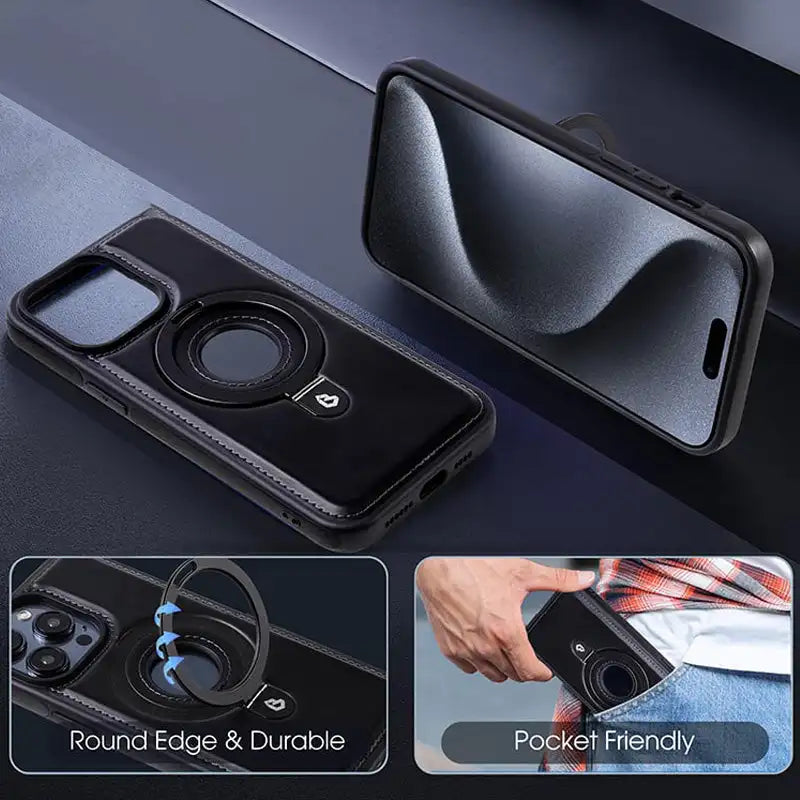 Luxury Premium Faux Leather Invisible Ring Stand Magnetic Phone Case for iPhone 15 14 13 12 Pro Max