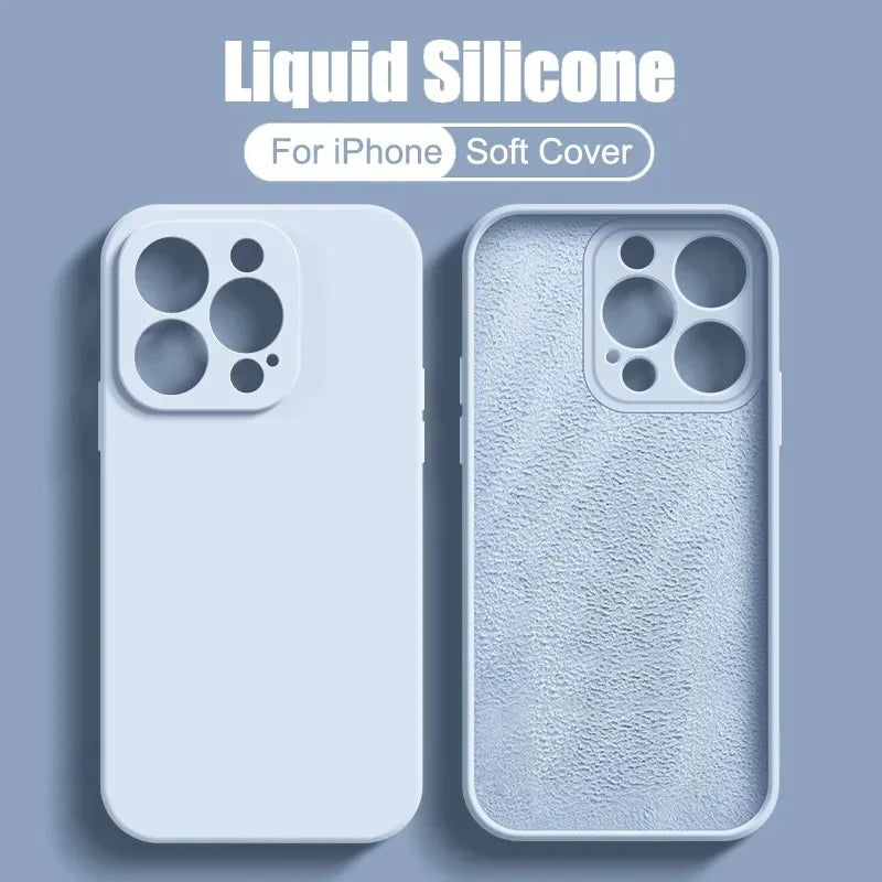 Square Edge Liquid Silicone Case for iPhone 15 14 13 Pro Max Plus Lens Camera Protection Cover