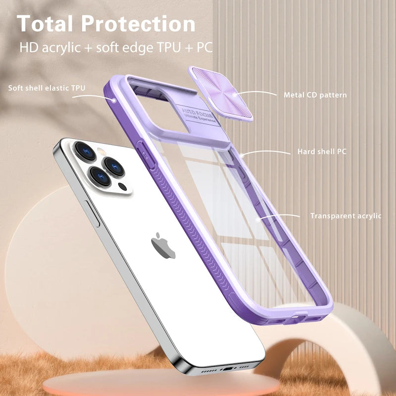 Sliding Camera Protection Phone Case For iPhone 13 14 15 Pro Max Plus SE Lens Push Window Clear Cover
